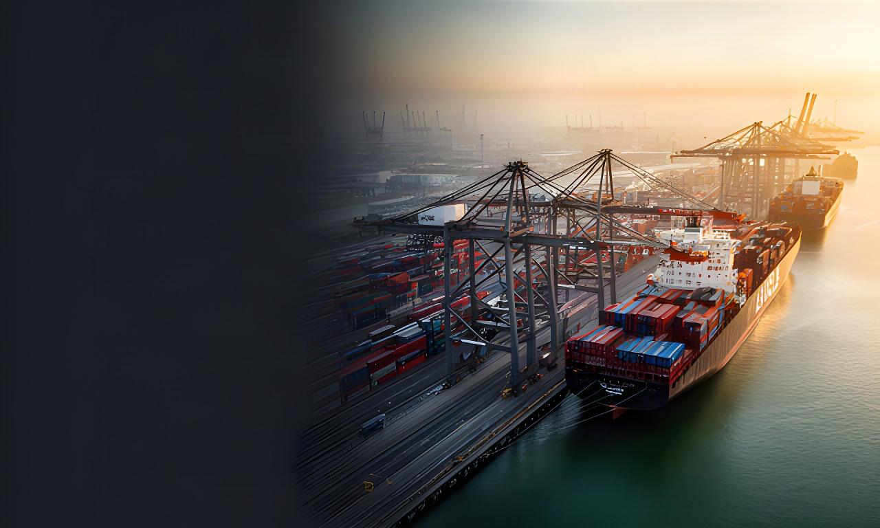Containerhafen bei Sonnenaufgang mit Kränen, Frachtschiffen und europäischer Lieferkette
