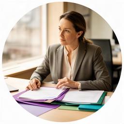 Olga Appel mit Rechercheunterlagen am Redaktionstisch