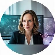 Cetty Kaapke, Technologieredakteurin, in einem modernen Arbeitsraum mit KI-Diagrammen