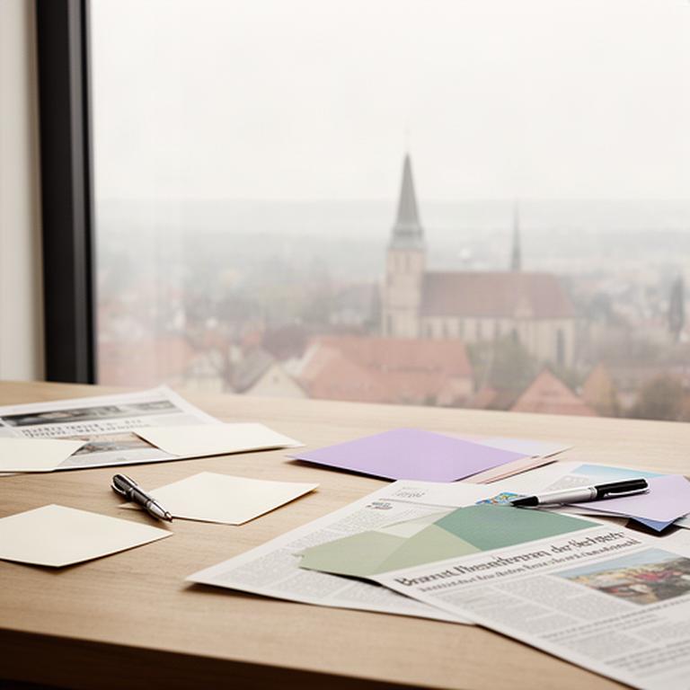 Redaktioneller Arbeitsplatz mit Notizen, Zeitungen und Stadtansicht von Brandenburg an der Havel